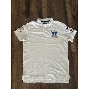 Vintage LA MARTINA Maserati Polo Shirt Mens Medium‎ White High Low Short Sleeve